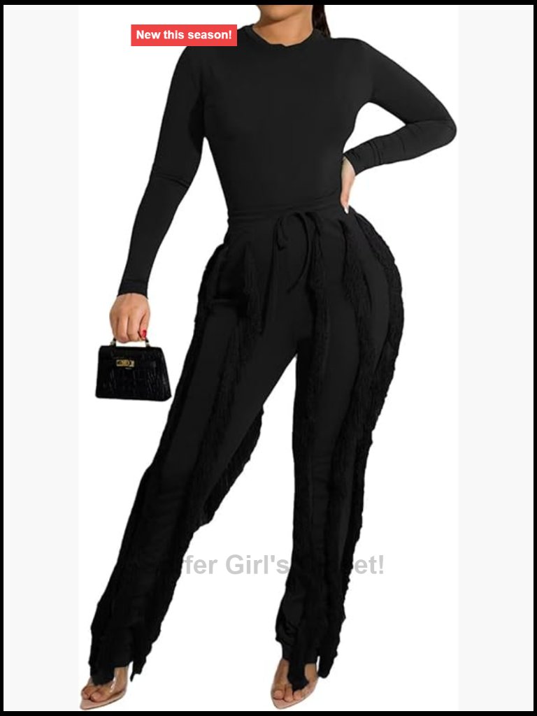Women's Fringe 2 Piece Pants Set Long Sleeve Club Going Out Birthday Night